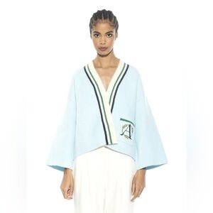 Alexia Admor Light Blue V-Neck Cropped Sweater with Striped Trim